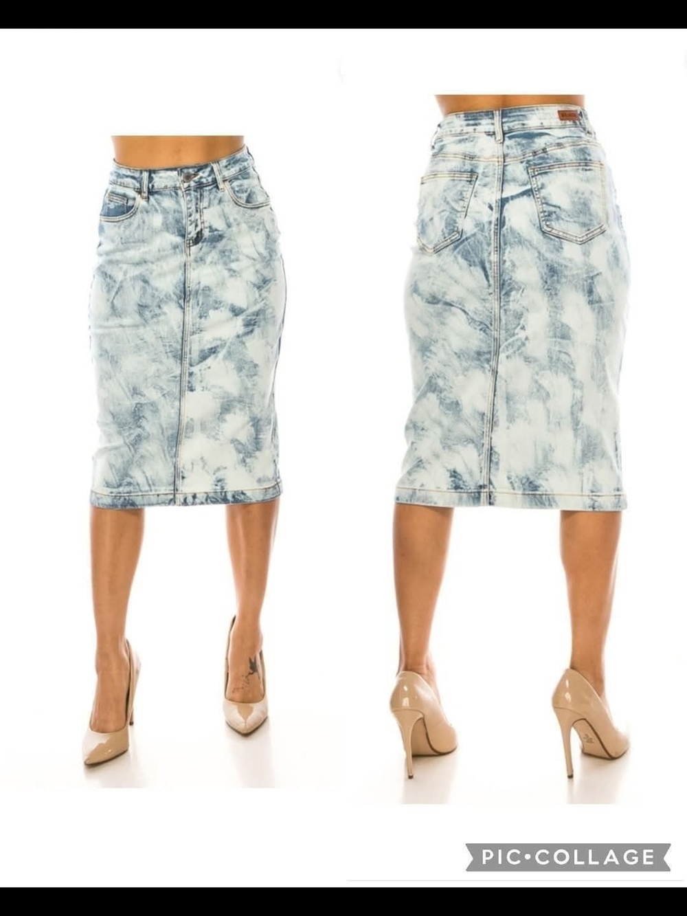 High-Rise Washed Light Blue Denim Midi Pencil Skirt